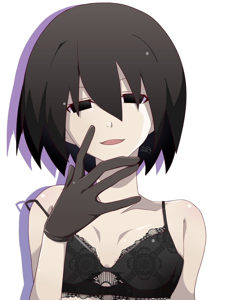 1girl black_bra black_eyes black_gloves black_hair bra collarbone drop_shadow empty_eyes flat_chest gloves hair_between_eyes hand_up highres lace_trim looking_at_viewer monogatari_(series) nano-tan_(sakuta_sakuzi) narrowed_eyes open_mouth oshino_ougi short_hair signature simple_background single_off_shoulder smile solo straight-on underwear upper_body white_background