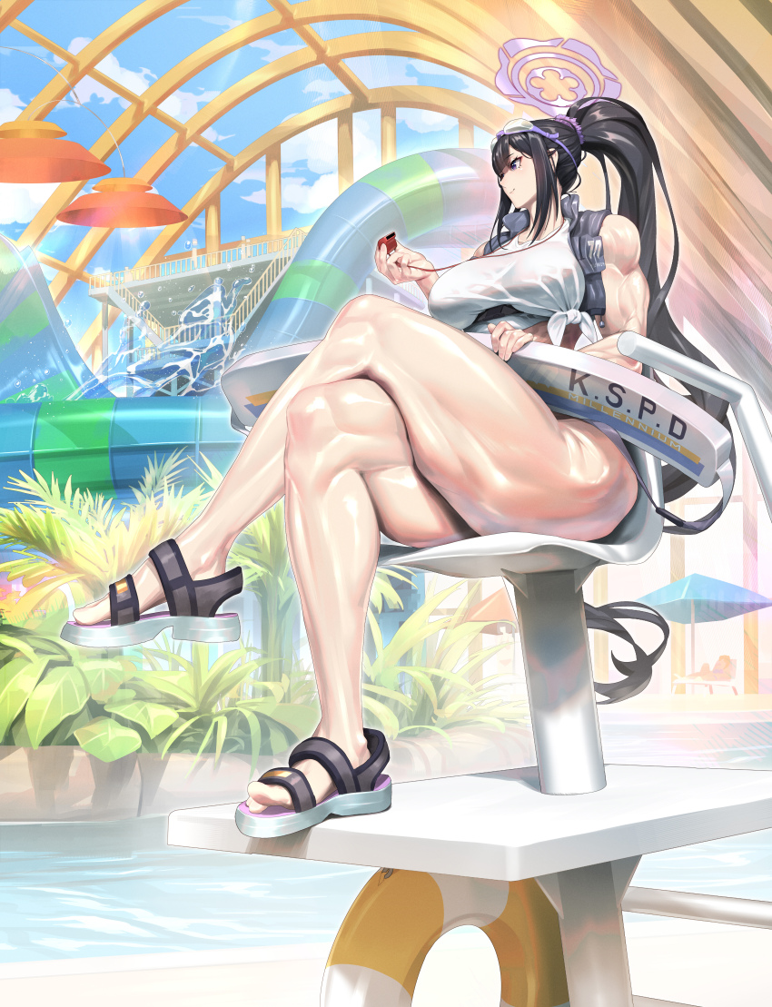1girl absurdres bare_legs black_hair blue_archive breasts chair crossed_legs feet goggles goggles_on_head halo highres holding holding_whistle large_breasts lifeguard lifeguard_chair long_hair looking_to_the_side muscular muscular_female ponytail purple_eyes qtime_702 sandals shirt sidelocks sitting smile solo sumire_(blue_archive) tied_shirt torpedo_buoy very_long_hair water waterpark whistle