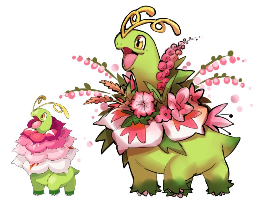 alternate_design antennae borvar colored_skin commentary english_commentary flower full_body gen_2_pokemon green_skin highres long_neck looking_ahead mega_meganium meganium neck_flower nintendo no_humans open_mouth pink_flower pokemon pokemon_(creature) pokemon_focus reference_inset simple_background smile tongue white_background yellow_eyes