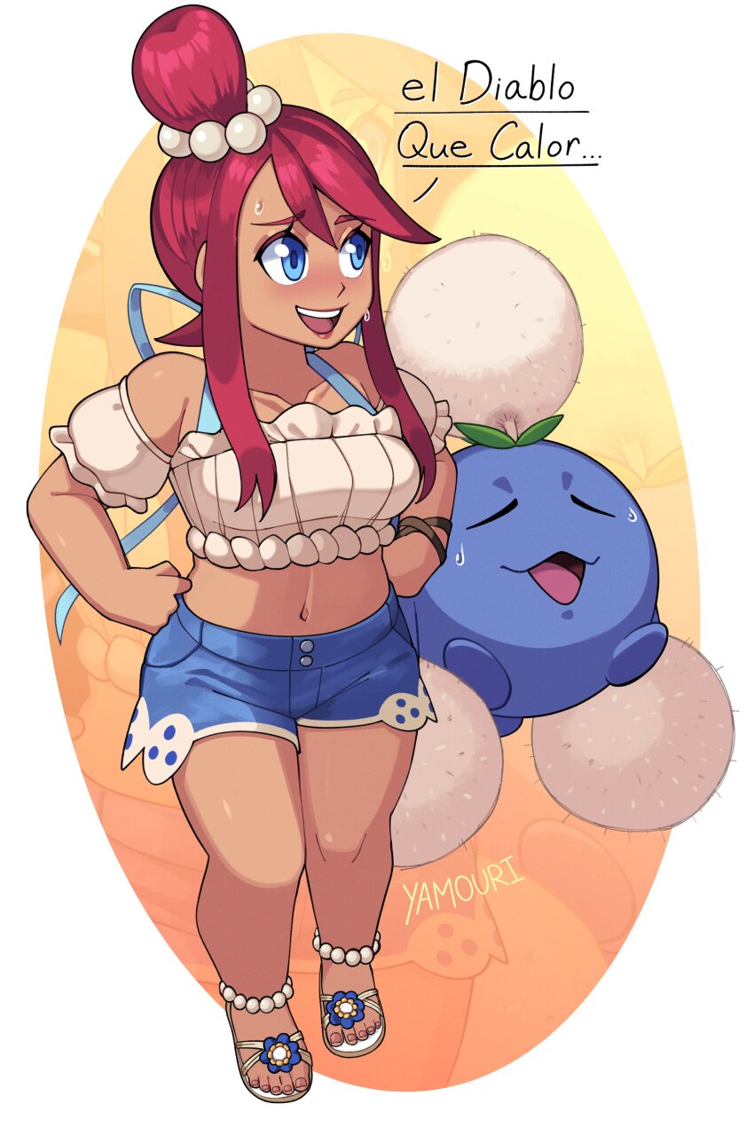 1girl 2024_pokemon_teraleak absurdres blue_eyes closed_eyes collarbone dark-skinned_female dark_skin denim denim_shorts full_body gen_2_pokemon highres hot jumpluff midriff navel nintendo official_alternate_costume pokemon pokemon_(creature) pokemon_masters_ex red_hair sandals shorts skyla_(pokemon) skyla_(summer_2025)_(pokemon) spanish_text sweat yamouri