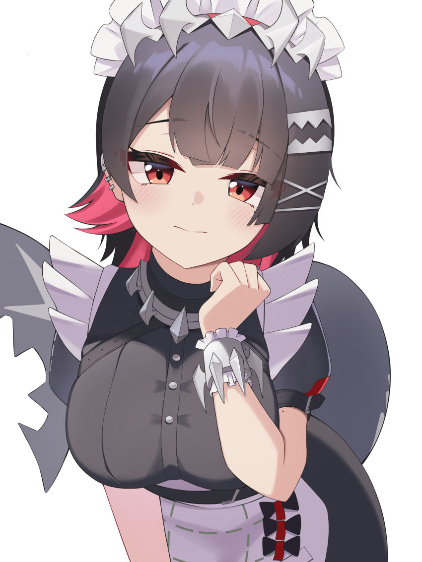 1girl absurdres apron black_hair blush breasts closed_mouth ear_piercing ellen_joe fins fish_tail frilled_apron frilled_hairband frills hair_ornament hairband highres large_breasts leaning_forward maid maid_apron maid_headdress piercing puffy_short_sleeves puffy_sleeves puleudingding red_eyes red_hair shark_girl shark_tail short_hair short_sleeves simple_background solo tail upper_body waist_apron white_apron white_background x_hair_ornament zenless_zone_zero