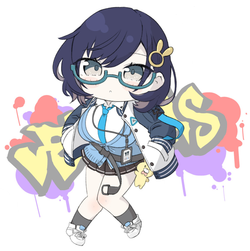 1girl :o black_hair black_skirt black_socks blue-framed_eyewear blue_archive blue_cardigan blue_necktie breasts brown_eyes brown_hair cardigan chibi chihiro_(blue_archive) collared_shirt commentary_request full_body glasses graffiti hair_ornament hands_in_pockets highres jacket knees_together_feet_apart large_breasts letterman_jacket long_sleeves looking_at_viewer miranofuudoria multicolored_hair necktie open_clothes open_jacket parted_lips pleated_skirt puffy_long_sleeves puffy_sleeves rabbit_hair_ornament school_uniform semi-rimless_eyewear shirt shoes simple_background skirt socks solo two-tone_hair under-rim_eyewear white_background white_jacket white_shirt white_shoes