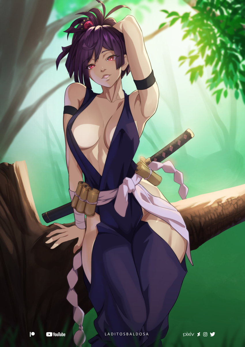 1girl arm_behind_head artist_name breasts center_opening cleavage commentary deviantart_logo english_commentary forest highres hip_vent instagram_logo japanese_clothes jigokuraku katana kimono laditosbaldosa large_breasts nature ninja no_bra on_tree open_mouth outdoors patreon_logo pixiv_logo ponytail purple_hair purple_kimono red_eyes revealing_clothes sash solo sunlight sword teeth twitter_logo weapon white_sash youtube_logo yuzuriha_(jigokuraku)