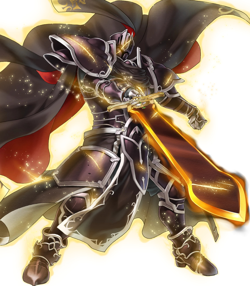 1boy armor attack aura black_armor black_cape black_knight_(fire_emblem) black_knight_(mortal_legend)_(fire_emblem) cape cracked_armor fire_emblem fire_emblem:_path_of_radiance fire_emblem:_radiant_dawn fire_emblem_heroes full_armor glowing glowing_cracks glowing_sword glowing_weapon greatsword highres holding holding_sword holding_weapon kita_senri nintendo non-web_source official_art red_cape solo swinging_weapon sword two-sided_cape two-sided_fabric weapon