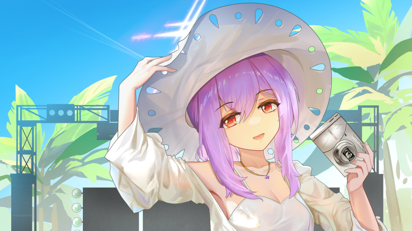 1girl absurdres aircctzillie atsuko_(blue_archive) atsuko_(swimsuit)_(blue_archive) bikini blue_archive camera halo hat highres holding holding_camera jewelry looking_to_the_side necklace open_mouth palm_tree purple_hair red_eyes sidelocks smile solo stage sun_hat swimsuit tree upper_body white_bikini white_hat