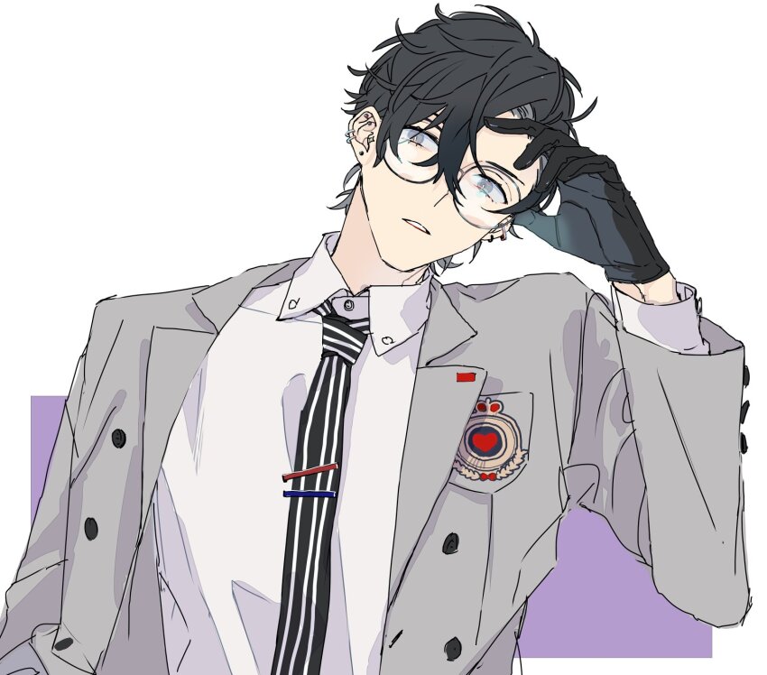 1boy black_gloves black_hair character_request copyright_request curly_hair glasses gloves grey_jacket highres jacket male_focus meimei_hituzi necktie shirt solo striped_necktie teeth white_background white_shirt