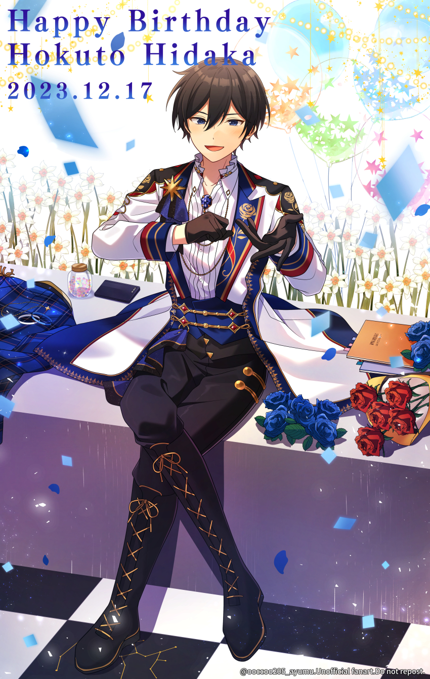 1boy :d absurdres artist_name balloon black_boots black_gloves black_hair black_pants blue_eyes blue_flower blue_gemstone blue_jacket blue_rose blush book bookmark boots bouquet bracelet buttons candy cellphone character_name checkered_floor coat collared_shirt commentary_request confetti constellation crossed_legs daffodil dated ensemble_stars! floral_print flower food gem gloves hair_between_eyes hands_up happy_birthday hidaka_hokuto highres jacket jar jewelry knee_boots konpeitou lace-up_boots lapels light_particles long_sleeves looking_at_viewer male_focus mikawa_ayumu open_clothes open_coat open_mouth pants pants_tucked_in phone plaid_clothes plaid_jacket red_flower red_rose rose rose_print sagittarius_(constellation) shirt short_hair sitting smartphone smile solo star_(symbol) string_of_light_bulbs twitter_username unworn_bracelet unworn_jacket watermark white_coat white_flower white_shirt