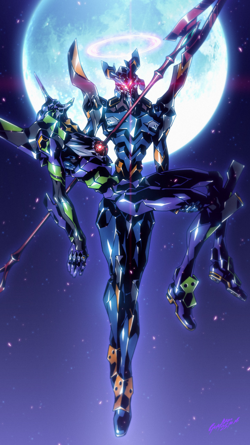 assault_visor babamba bident carrying commentary_request dated eva_01 eva_06 evangelion:_2.0_you_can_(not)_advance evangelion_(mecha) full_moon halo highres horns impaled light_particles mecha mecha_focus moon neon_genesis_evangelion night no_humans polearm princess_carry rebuild_of_evangelion red_halo red_visor robot science_fiction signature single_horn spear_of_cassius star_(sky) super_robot weapon