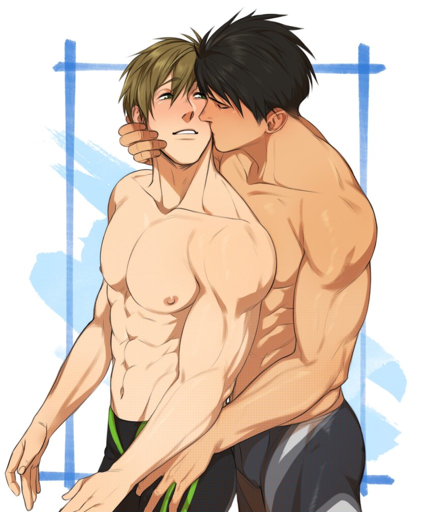 2boys abs bara black_hair black_jammers black_male_swimwear blush brown_hair closed_eyes free! green_eyes high_speed! highres jammers kiss kissing_cheek large_pectorals looking_at_another male_focus male_swimwear multiple_boys muscular muscular_male navel nipples pectorals riffraffhellyea short_hair swimsuit tachibana_makoto topless_male yamazaki_sousuke yaoi