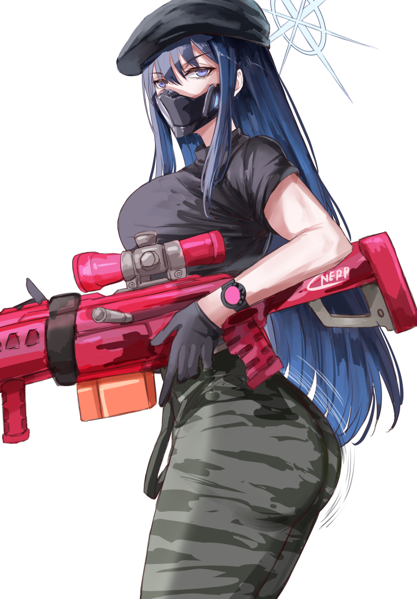 1girl absurdres ass beret black_gloves black_hat black_shirt blue_archive blue_eyes blue_hair breasts commentary_request cowboy_shot gloves grey_pants gun hat highres holding holding_gun holding_weapon large_breasts leggings long_hair looking_at_viewer mask mouth_mask nui_gurumi pants rifle saori_(blue_archive) shirt simple_background solo standing thighs very_long_hair weapon white_background