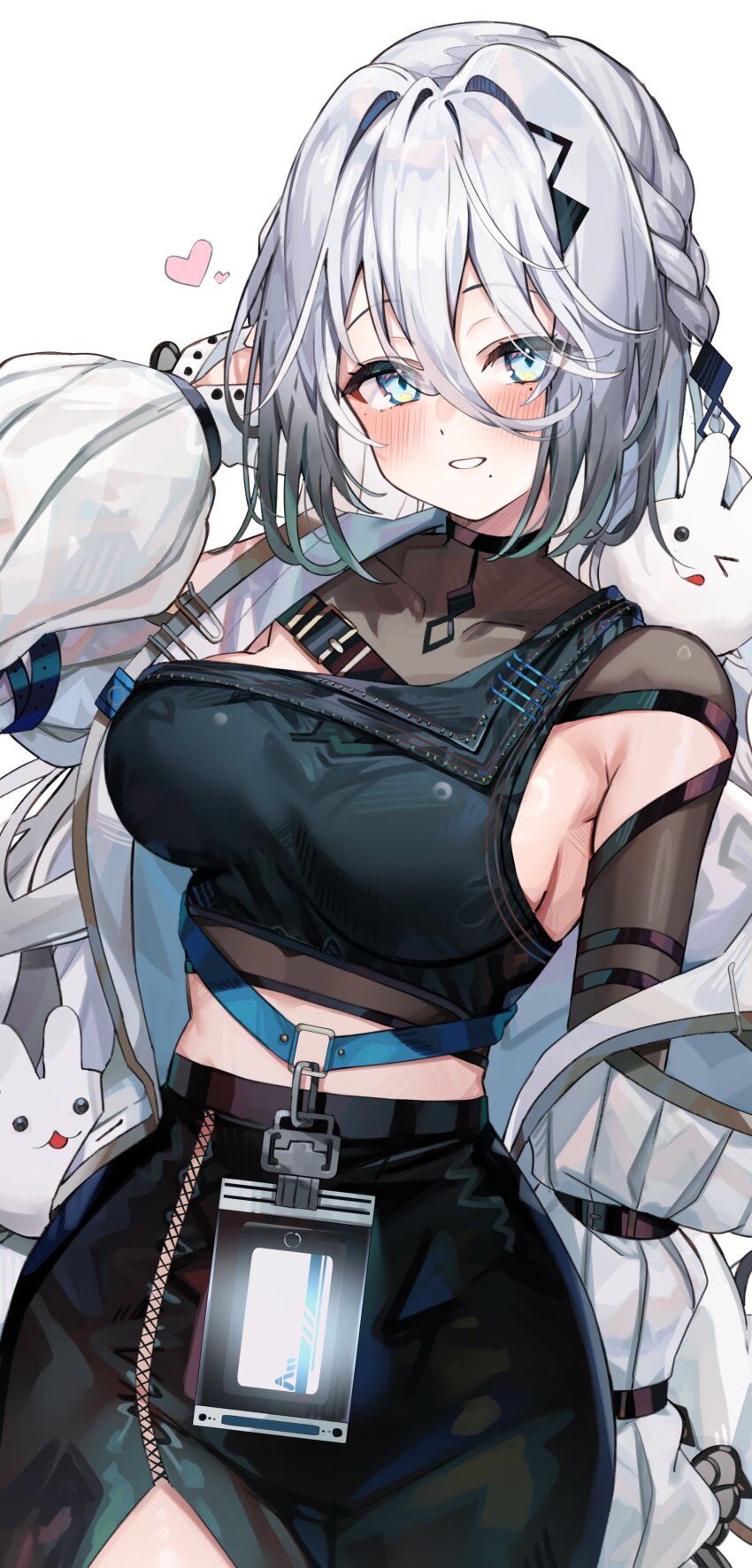 1girl absurdres blue_eyes blush braid breasts choker commission covered_collarbone grey_hair grey_jacket hair_between_eyes hair_ornament heart highres jacket kuroshiro_kanae large_breasts long_hair long_hair_between_eyes long_sleeves looking_at_viewer mole mole_under_each_eye mole_under_eye mole_under_mouth multicolored_hair multiple_moles nijisanji open_clothes open_jacket side_braids simple_background skeb_commission smile solo sophia_valentine sophia_valentine_(1st_costume) teeth triangle_hair_ornament virtual_youtuber white_background