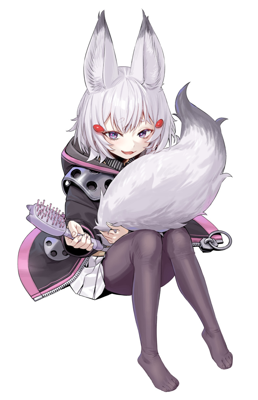 1girl agemmata animal_ear_fluff animal_ears black_jacket black_pantyhose border commentary english_commentary fang feet fox_ears fox_girl fox_tail full_body grey_hair grey_tail hair_ornament highres holding holding_brush jacket knees_together_feet_apart knees_up looking_at_viewer miniskirt no_shoes open_clothes open_jacket open_mouth outline pantyhose phase_connect pleated_skirt purple_eyes revision short_eyebrows sitting skirt solo tail tenma_maemi toenails toes transparent_background unzipped virtual_youtuber white_skirt