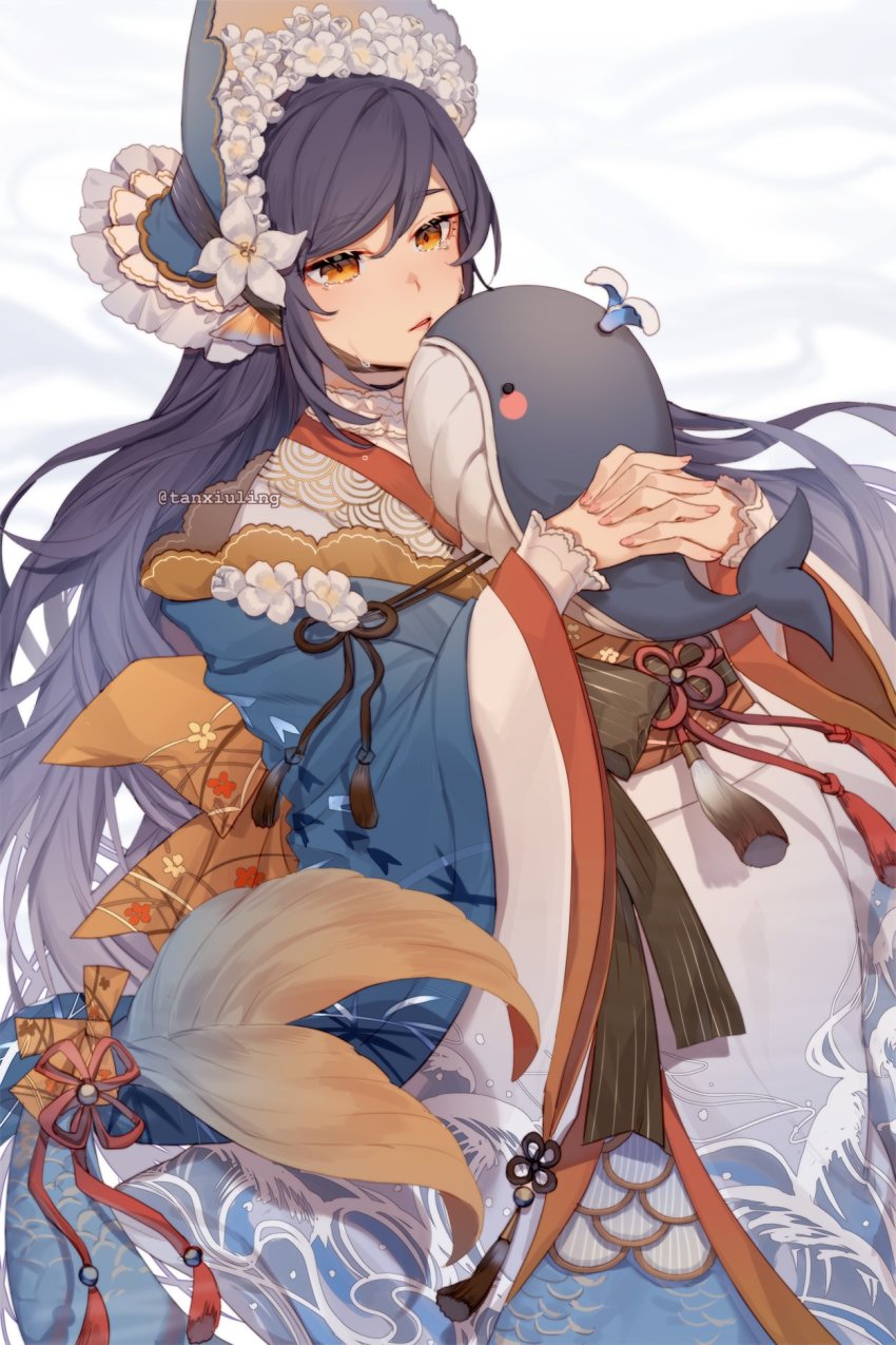 1girl black_hair crying crying_with_eyes_open dress flower frilled_hat frills hat highres holding_hands japanese_clothes kimono knot kumashige lolita_fashion long_hair long_sleeves obi hugging_object original sash solo stuffed_whale swept_bangs tassel tears white_flower yellow_eyes