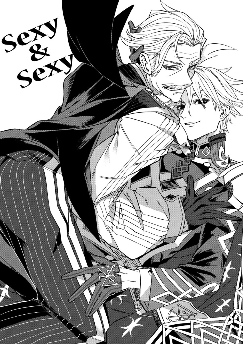 2boys boy_on_top cape eyeliner facial_mark fate/grand_order fate_(series) gloves greyscale grin hand_on_another&#039;s_head highres iz_(izit_unk) jacket james_moriarty_(archer)_(fate) james_moriarty_(ruler)_(fate) lightning_ahoge looking_at_viewer makeup male_focus monochrome multiple_boys old old_man pants pinstripe_pants pinstripe_pattern selfcest shirt short_hair smile teeth vest wrinkled_skin yaoi