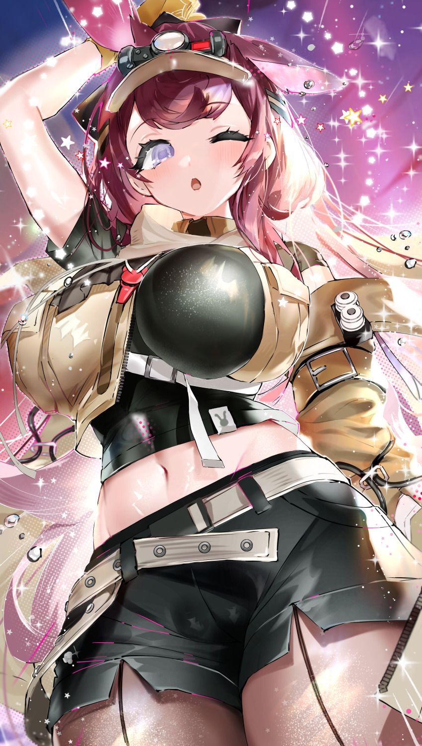 1girl absurdres animal_ears arknights belt black_pantyhose black_shirt black_shorts breasts brown_jacket crop_top from_below gloves highres jacket large_breasts long_hair looking_at_viewer navel one_eye_closed open_mouth pantyhose purple_eyes rabbit_ears rabbit_girl ray_(arknights) red_hair shirt short_shorts shorts solo tekona0 visor_cap white_belt yellow_gloves