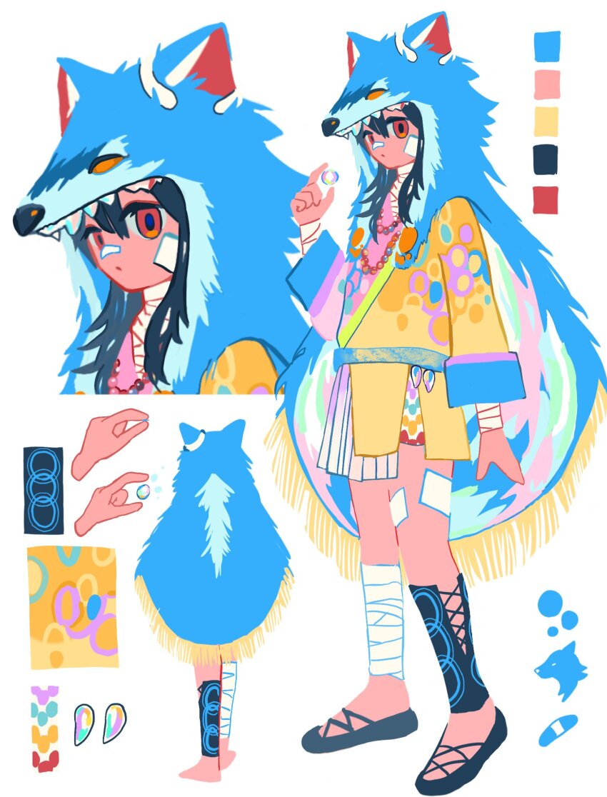 1girl bandaged_arm bandaged_leg bandages bandaid bandaid_on_face bandaid_on_nose black_hair blue_cape cape reference_sheet color_guide from_behind full_body hand_up highres holding hood hood_up hooded_cape jacket jewelry long_hair long_sleeves looking_at_viewer multiple_views nagomi_(_nagomi_) necklace original pearl_necklace pelt red_eyes shin_guards shoes single_shin_guard standing three_emoji_challenge white_background yellow_jacket