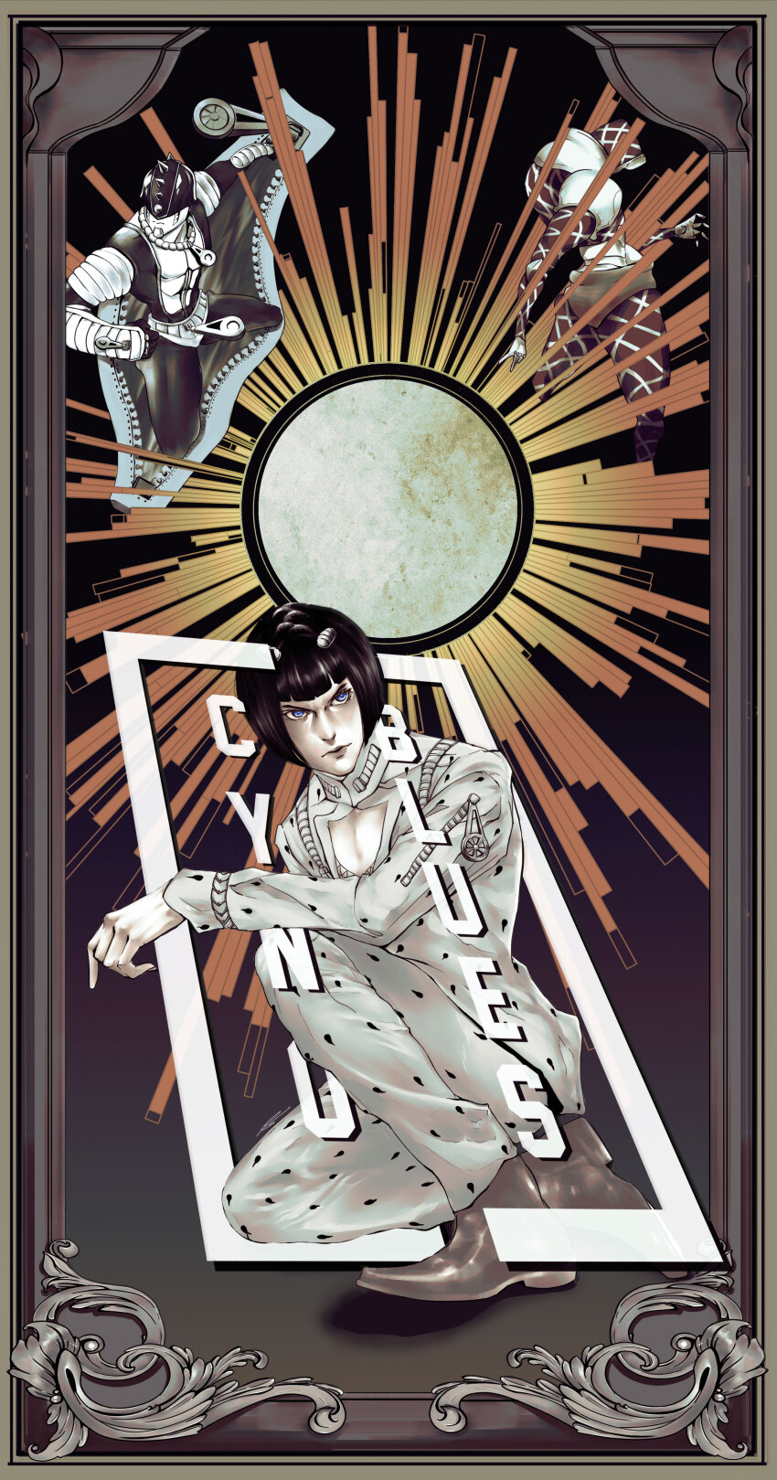 1boy absurdres black_hair blue_eyes bob_cut border brown_footwear bruno_bucciarati closed_mouth commentary english_commentary eyelashes framed full_body highres jojo_no_kimyou_na_bouken king_crimson_(stand) le_wang long_sleeves male_focus on_one_knee ornate_border pectoral_cleavage pectorals short_hair stand_(jojo) sticky_fingers_(stand) zipper zipper_pull_tab