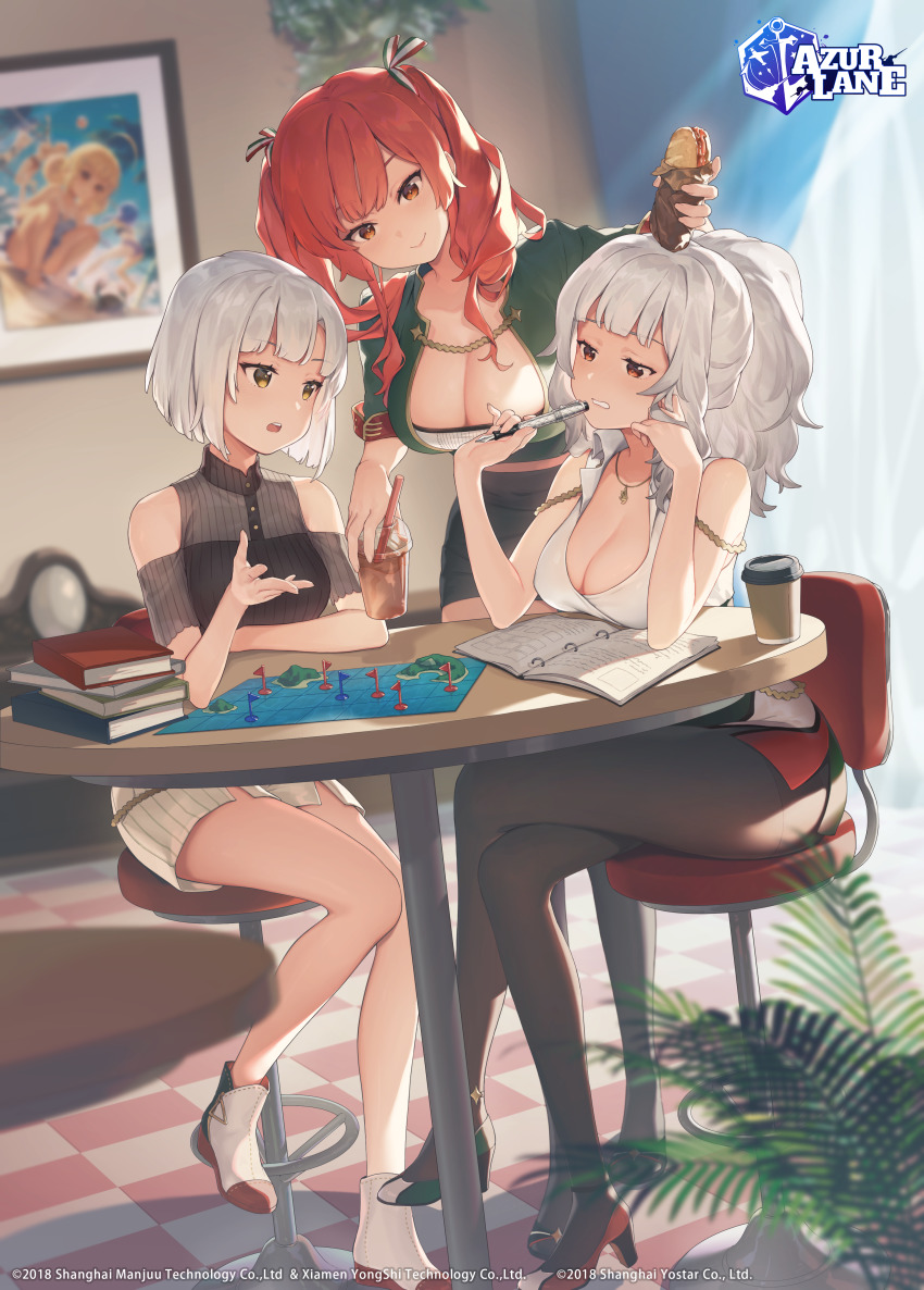 3girls absurdres ankle_boots azur_lane bare_legs bare_shoulders black_legwear black_shirt black_skirt blunt_bangs blurry blurry_background blush bob_cut book book_stack boots breasts cleavage closed_mouth clothing_cutout collarbone commentary conte_di_cavour_(azur_lane) copyright_name crossed_legs cup depth_of_field disposable_cup drink english_commentary flag_print food giulio_cesare_(azur_lane) hair_ribbon hand_in_own_hair hand_up hands_up high_heels highres holding holding_cup holding_food holding_pen indoors italian_flag jewelry large_breasts leaning_forward long_hair map medium_breasts miniskirt multiple_girls necklace official_art on_chair open_book pantyhose pen ponytail red_eyes red_footwear red_hair ribbon sandwich shirt short_sleeves shoulder_cutout side_slit sidelocks silver_hair sitting skirt smile standing starbottle striped_clothes striped_skirt table thighhighs twintails vertical-striped_clothes vertical-striped_skirt white_footwear white_shirt white_skirt yellow_eyes zara_(azur_lane)