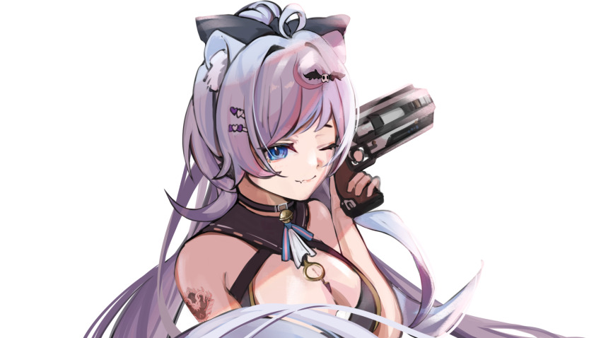 1girl animal_ear_fluff animal_ears apex_legends arm_tattoo b3_wingman black_bow black_choker blue_eyes bow breasts choker fang finger_on_trigger floating_hair gun hair_bow hair_ornament hairclip handgun heart heart_hair_ornament highres holding holding_gun holding_weapon long_hair looking_at_viewer lucifinil_desuwa medium_breasts one_eye_closed original purple_hair revolver skin_fang skull_hair_ornament smile solo tattoo weapon