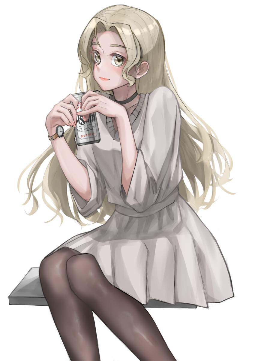 1girl beer_can black_choker black_pantyhose blonde_hair can choker drink_can grey_shirt grey_skirt hands_up highres holding holding_can john_(pixiv_66722607) lipstick long_hair makeup original pantyhose parted_bangs shirt simple_background sitting skirt solo watch white_background wristwatch yellow_eyes