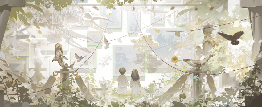 1boy 1girl 1other absurdres ambiguous_gender animal_skeleton arm_at_side armor arms_at_sides black_hair branch dress facing_away flower from_behind full_armor grass helmet highres ice_(805482263) indoors knight long_hair long_sleeves original picture_frame plant sailor_collar scenery short_hair side-by-side stanchion sunflower very_wide_shot white_dress white_sailor_collar