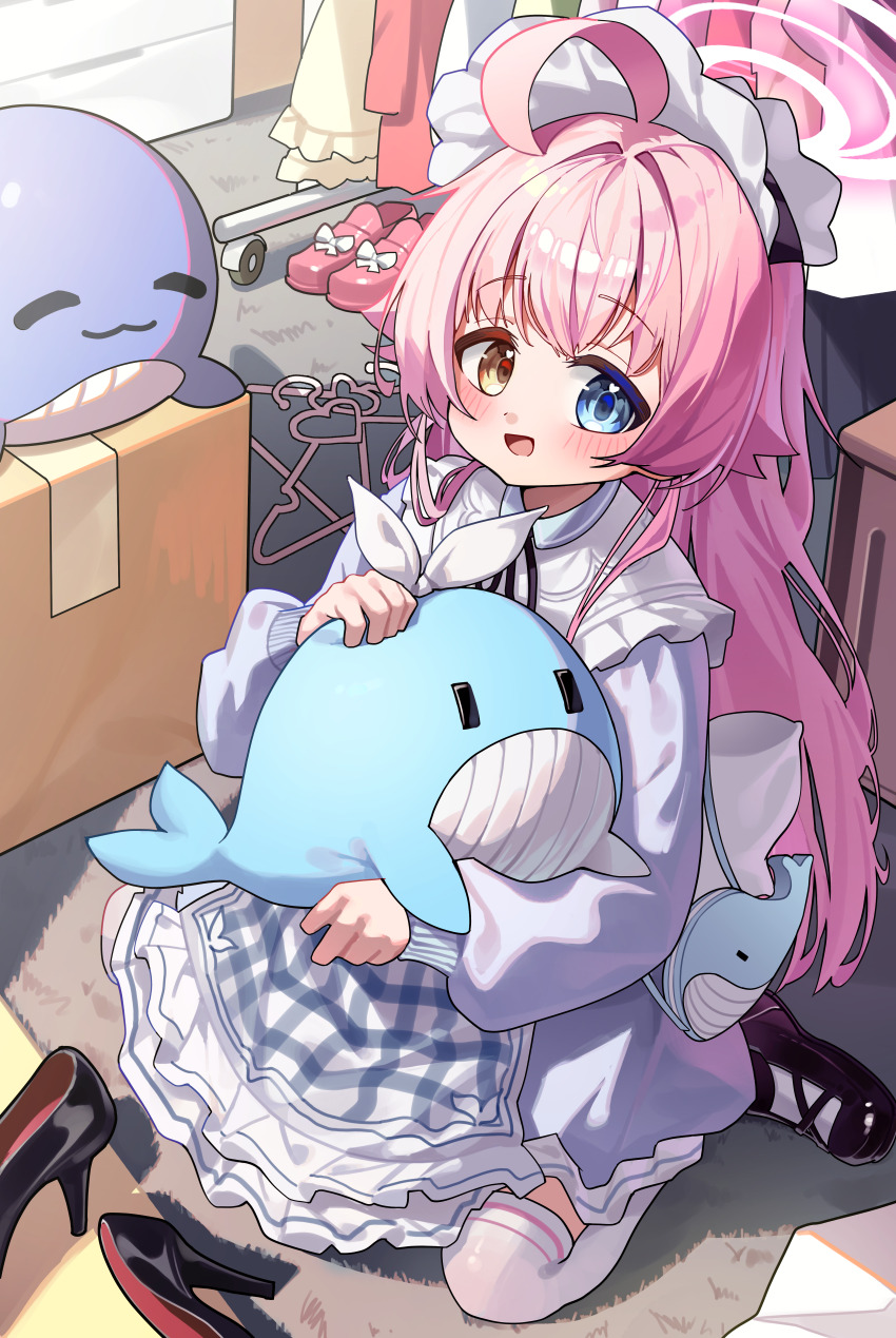 1girl :d absurdres ahoge alternate_costume apron black_shoes blue_archive blue_dress blue_eyes blush capry commentary dress from_above full-body_tattoo hair_flaps hair_intakes halo heterochromia highres hoshino_(blue_archive) huge_ahoge indoors inflatable_toy inflatable_whale long_hair long_sleeves looking_at_viewer maid_headdress open_mouth orange_eyes pink_hair pink_halo shoes sidelocks sitting smile solo stuffed_whale symbol-only_commentary tattoo thighhighs unworn_clothes unworn_shoe very_long_hair white_thighhighs