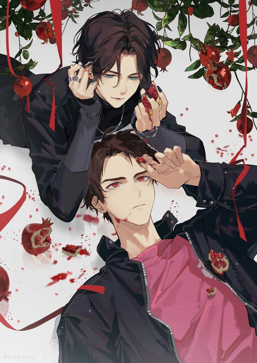 2boys apricot_(fruit) aqua_eyes bat_genome bishounen black_hair black_nails black_shirt doran_(doran7280) evil_smile food fruit goth_fashion grin highres holding holding_food holding_fruit igarashi_ikki jacket jewelry kagerou_(kamen_rider_revice) kamen_rider kamen_rider_revice looking_at_viewer male_focus multiple_boys multiple_rings necklace pink_shirt pomegranate red_eyes ring shirt short_hair smile upper_body white_background