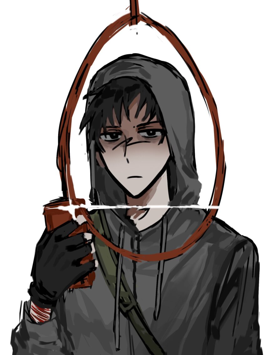 1boy :| bags_under_eyes black_gloves black_hair closed_mouth cry_of_fear exhausted gloves grey_hoodie highres holding holding_phone hood hood_up hoodie imminent_suicide kerwind1200 leukocoria looking_at_viewer male_focus multiple_scars noose phone scar scar_on_arm self-harm_scar short_hair simon_henriksson solo taking_picture upper_body wrist_cutting