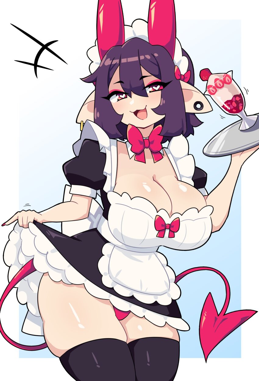 1girl :3 absurdres alternate_costume apron black_outline black_thighhighs blue_background border bow breasts cleavage clothes_lift daigada demon_tail dress dress_lift ear_piercing eyeshadow food frilled_dress frills hair_between_eyes hair_bow headdress heart heart-shaped_pupils highres holding holding_plate holding_unworn_clothes holding_unworn_dress horns inset_border large_breasts long_bangs looking_at_viewer maid maid_apron maid_headdress makeup oni open_mouth original outline panties parfait piercing pink_bow pink_eyes pink_eyeshadow pink_horns pink_panties pink_ribbon pink_tail plate pointy_ears puffy_short_sleeves puffy_sleeves purple_hair ribbon selene_(daigada) short_hair short_sleeves smile smug solo strawberry_parfait symbol-shaped_pupils tail thick_thighs thighhighs thighs underwear white_background white_border
