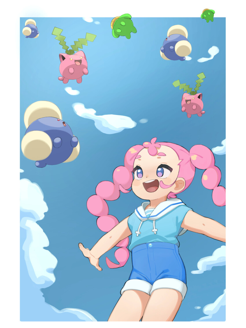 1girl :d aqua_shirt blue_shorts border cloud commentary day evolutionary_line gen_2_pokemon happy high-waist_shorts highres hoppip jumpluff long_hair meg_(poketoon) nintendo open_mouth outdoors pink_hair pokemon pokemon_(anime) pokemon_(creature) poketoon purple_eyes shirt shorts skiploom sky smile teeth tongue twintails upper_teeth_only white_border yokappa_(jokappa)