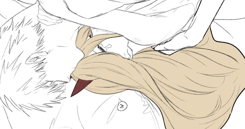 1boy 1girl arms_around_neck blonde_hair chainsaw_man comforting cryi cuddling denji_(chainsaw_man) eyelashes hair_between_eyes hetero horns hug long_hair mg mutual_hug pillow power_(chainsaw_man) sa1men short_hair tears
