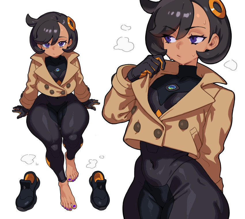 1girl absurdres aged_up arm_support barefoot bingbingzi black_bodysuit black_gloves black_hair black_shoes bodysuit bodysuit_under_clothes breasts brown_jacket chinese_commentary closed_mouth commentary_request covered_navel cowboy_shot dark-skinned_female dark_skin emma_(pokemon) full_body gloves hair_between_eyes hair_ornament highres invisible_chair jacket latex latex_bodysuit looking_at_viewer looking_to_the_side medium_breasts mega_stone nail_polish nintendo orange_gloves pokemon pokemon_legends:_z-a purple_eyes purple_nails shoes short_hair sidelocks simple_background sitting standing steam sweat swept_bangs toenail_polish toenails two-tone_gloves unworn_shoes white_background