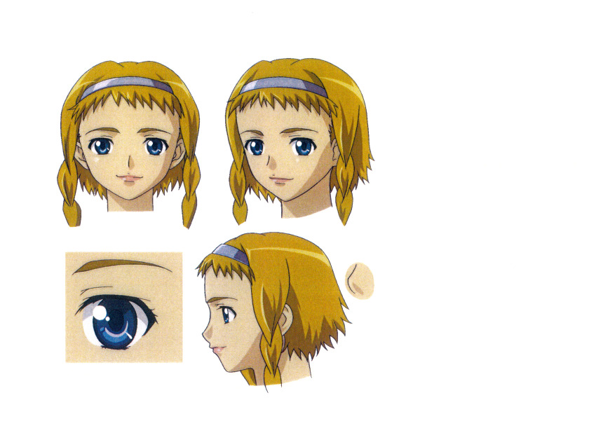 1girl absurdres armor blonde_hair blue_eyes braid buckle reference_sheet close-up female_focus hairband highres hisayuki_hirokazu leina_(queen&#039;s_blade) looking_at_viewer multiple_views official_art queen&#039;s_blade scan shiny_skin simple_background smile twin_braids upper_body white_background