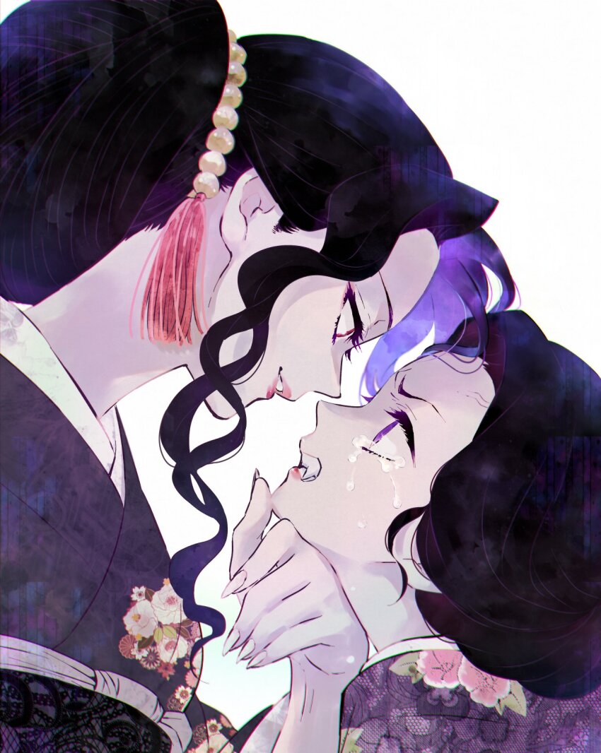 2girls angry black_hair clenched_teeth commentary crying eye_contact eyelashes fangs fingernails floral_print from_side furrowed_brow genderswap grabbing_another&#039;s_chin hair_bun hand_on_another&#039;s_chin hand_up highres japanese_clothes kibutsuji_muzan kibutsuji_muzan_(female) kimetsu_no_yaiba kimono looking_at_another mintiaorion multiple_girls obi parted_lips portrait profile purple_eyes purple_hair red_eyes red_lips sash sharp_fingernails simple_background single_hair_bun smirk symbol-only_commentary tamayo_(kimetsu_no_yaiba) tassel teeth updo veins wavy_hair white_background