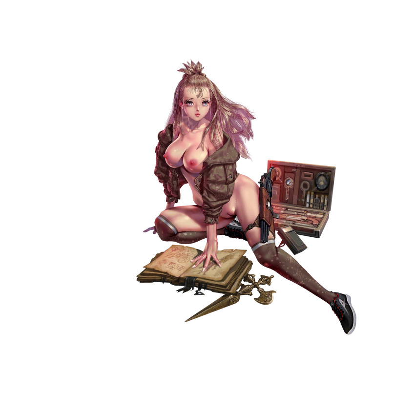 1girl artist_request black_shoes blue_eyes book breasts brown_hair crystal_maiden_(series) full_body game_cg gun highres jacket micro_shorts naked_footwear nipples nude official_art open_book open_clothes open_jacket open_wallet pussy sammy_(crystal_maidens) shoes shorts sneakers solo thigh_strap transparent_background uncensored variant_set wallet weapon
