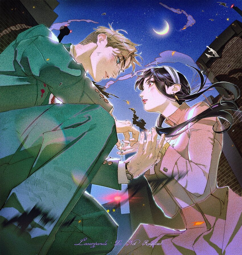 1boy 1girl black_hair blonde_hair blush breasts couple dress earrings formal_clothes gold_earrings green_suit hair_ornament hairband highres holding husband_and_wife jewelry lacampanule large_breasts long_hair red_eyes sidelocks spy_x_family suit twilight_(spy_x_family) white_hairband yor_briar