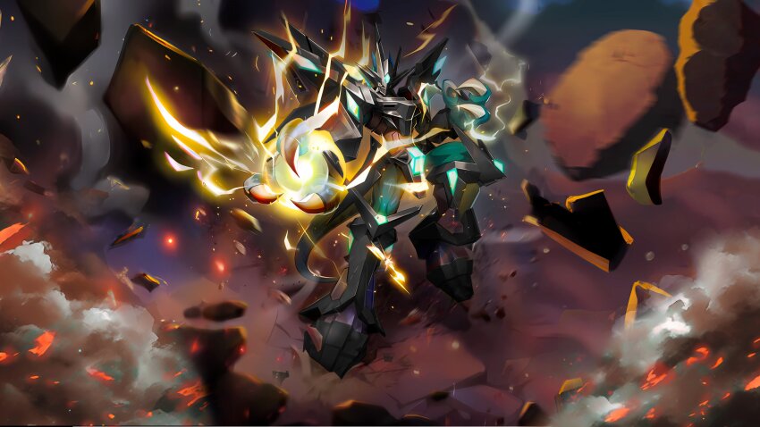 1boy absurdres armor destruction digimon digimon_(creature) dragon_boy highres magnamon magnamon_(battle_park) magnamon_x-antibody male_focus muscular muscular_male original solo tail