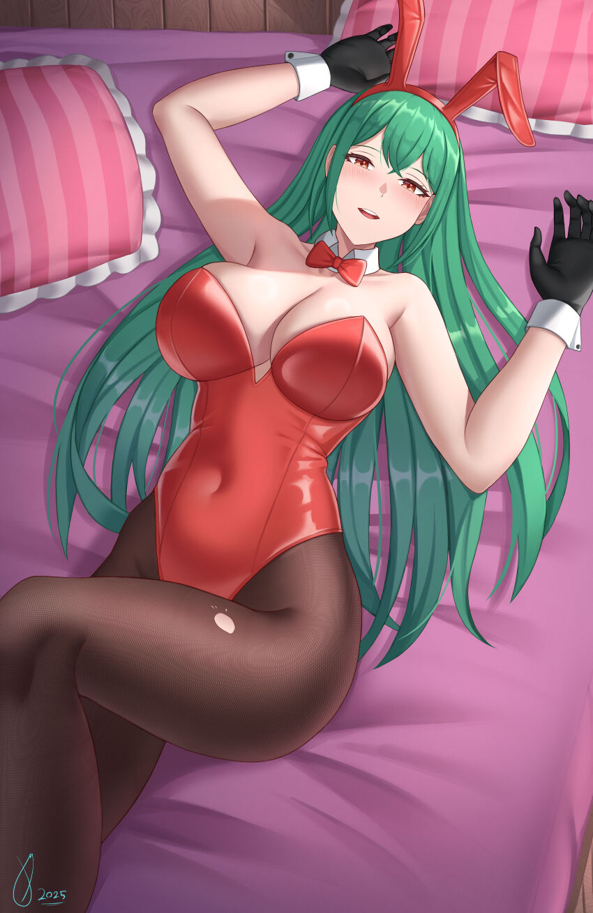 1girl absurdres animal_ears blush breasts cleavage dot_nose eyelashes fake_animal_ears female_focus ghonky green_hair half-closed_eyes highres large_breasts leotard long_hair looking_at_viewer lying on_back on_bed open_mouth original pantyhose pillow playboy_bunny rabbit_ears red_eyes red_leotard shiny_clothes shiny_skin smile solo torn_clothes torn_pantyhose