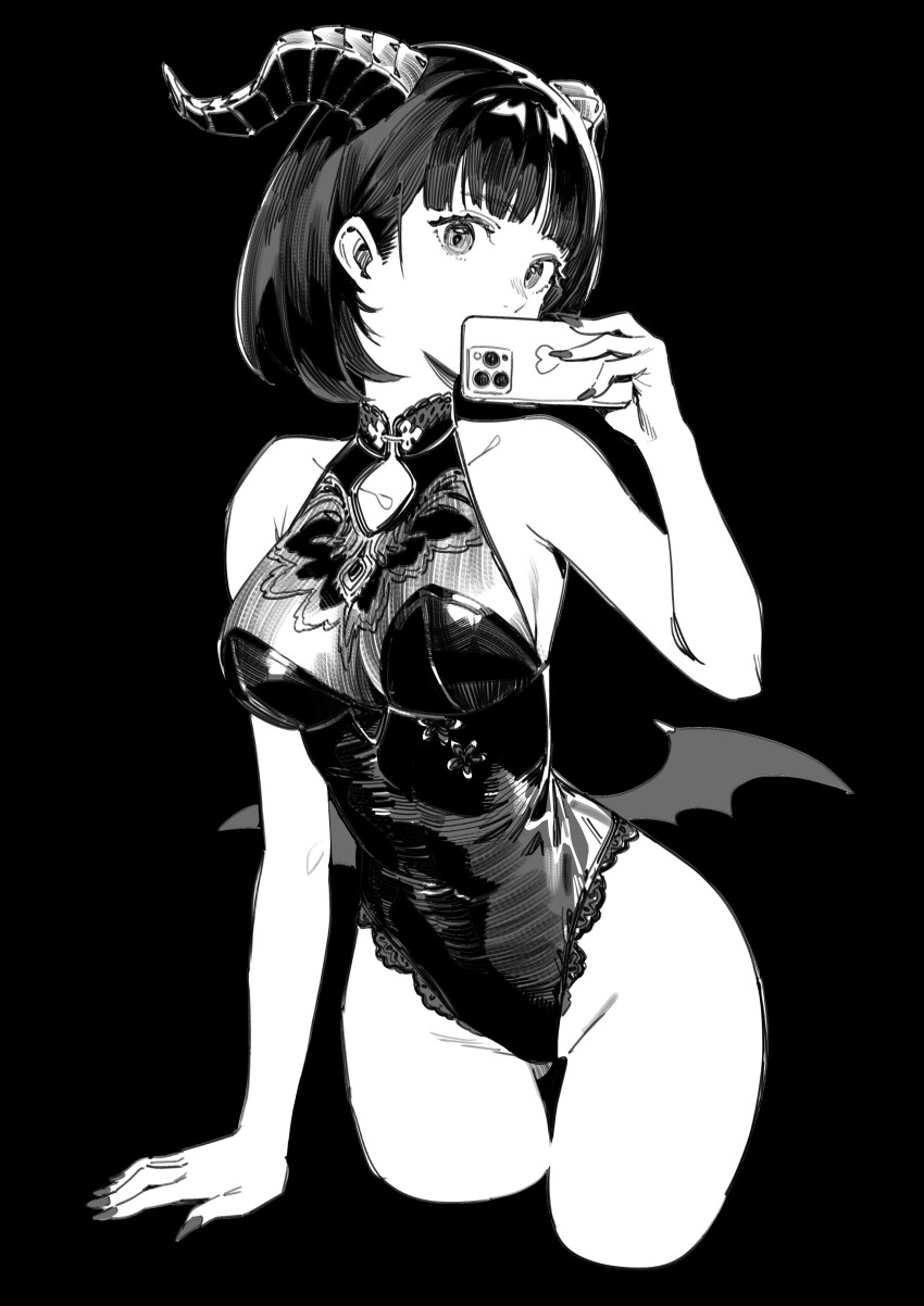1girl absurdres bare_shoulders bat_wings covered_mouth cowboy_shot ddal eyelashes fingernails greyscale highres holding holding_phone horns lace lace_trim looking_at_viewer low_wings mandarin_collar medium_hair monochrome nail_polish original phone simple_background solo wings wispy_bangs
