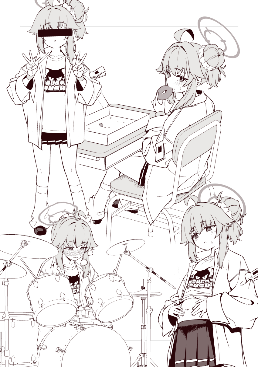 1girl absurdres ahoge alternate_costume bar_censor blue_archive blush censored donut drum drum_set drumsticks eating exhausted food greyscale halo hand_on_own_stomach highres holding holding_donut holding_drumsticks holding_food instrument logo_print long_sleeves loose_socks monochrome multiple_views natsu_(band)_(blue_archive) natsu_(blue_archive) official_alternate_costume official_alternate_hairstyle print_shirt scrunchie shirt sleeves_past_wrists socks standing v wide_sleeves yusang