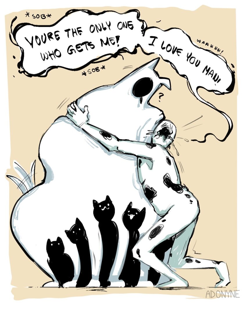 1boy 1other ? adonyne collar colored_skin confused crossover crying dog endogeny english_text faceless happy_tears highres hole_in_head hug leash look-alike marvel melting monster ooze sobbing spider-man:_across_the_spider-verse spider-man_(series) spider-verse spot_(marvel) tail tail_wagging tears trait_connection undertale white_skin yellow_background