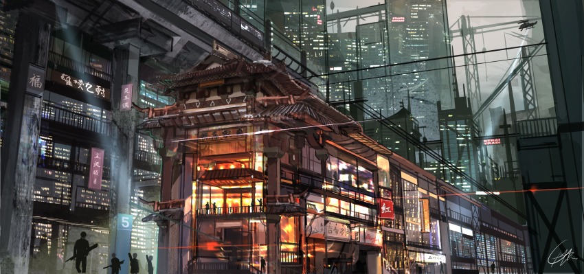 4girls 6+boys absurdres aircraft building cityscape commentary_request crane_(machine) cyberpunk diffraction_spikes helicopter highres huge_filesize instrument_case mo:oku multiple_boys multiple_girls night original outdoors power_lines railing searchlight sign signature skyscraper urban