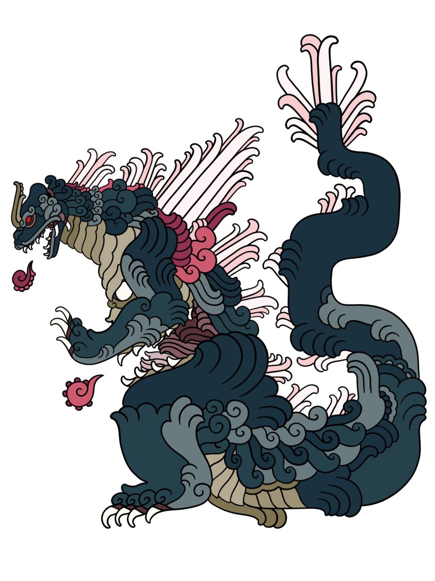 alien aztec dinosaur energy full_body giant giant_monster glyph godzilla_(series) godzilla_vs._spacegodzilla highres kaiju mayan mayan_mythology monarobot monster mural no_humans red_eyes simple_background spacegodzilla spikes tail toho water white_background
