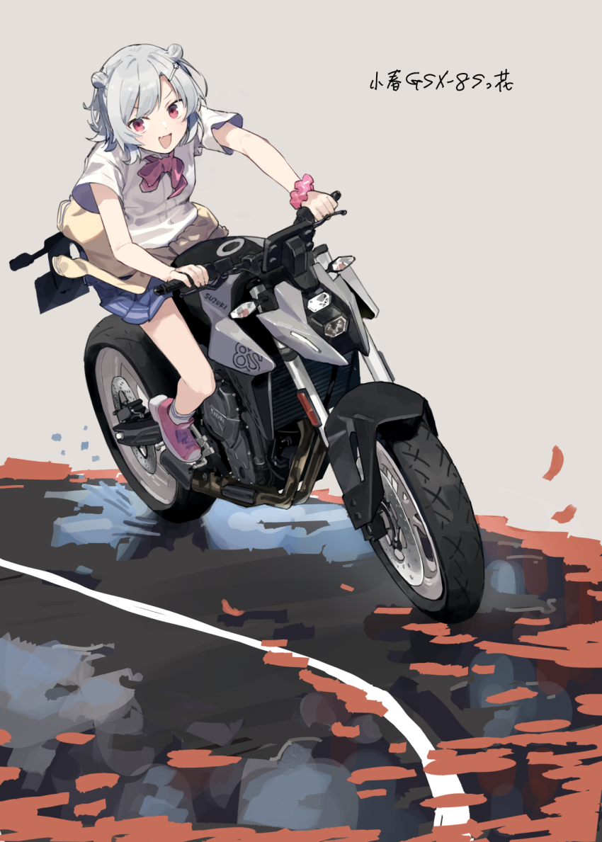 1girl blue_skirt cevio clothes_around_waist double_bun grey_hair hair_bun highres hitogome koharu_rikka looking_at_viewer medium_hair miniskirt motor_vehicle motorcycle open_mouth pink_shoes pleated_skirt red_eyes riding scrunchie shirt shoes short_sleeves skirt smile solo suzuki_(company) suzuki_gsx-8s sweater sweater_around_waist synthesizer_v white_shirt wrist_scrunchie
