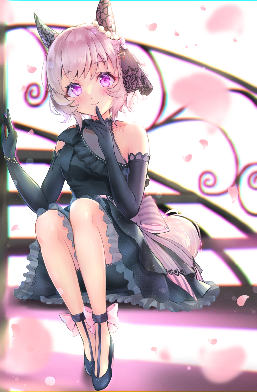 1girl absurdres animal_ears black_dress black_gloves black_shoes blush bow breasts commentary_request curren_chan_(sakutsuki_ma_cherie)_(umamusume) curren_chan_(umamusume) dress ear_covers ear_ornament elbow_gloves falling_petals finger_to_mouth full_body gloves grey_hair high_heels highres horse_ears horse_girl horse_tail medium_breasts official_alternate_costume petals peteron pink_bow purple_eyes shoes short_hair simple_background single_bare_shoulder smile solo tail teeth umamusume white_hair
