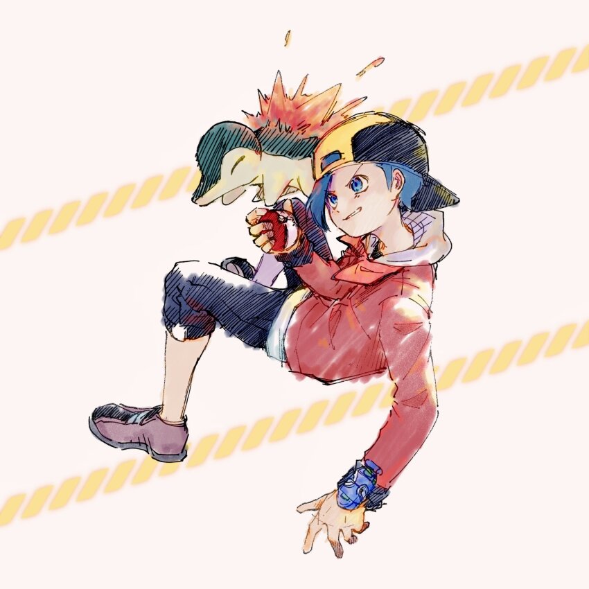 1boy backwards_hat baseball_cap black_hat black_pants blue_eyes blue_hair closed_eyes creatures_(company) cyndaquil ethan_(pokemon) fire full_body game_freak gen_2_pokemon hat highres holding holding_poke_ball jacket long_sleeves looking_to_the_side male_focus nintendo pants poke_ball pokemon pokemon_(creature) pokemon_hgss purple_footwear red_jacket short_hair simple_background tan_carbonnn watch white_background wristwatch yellow_fur