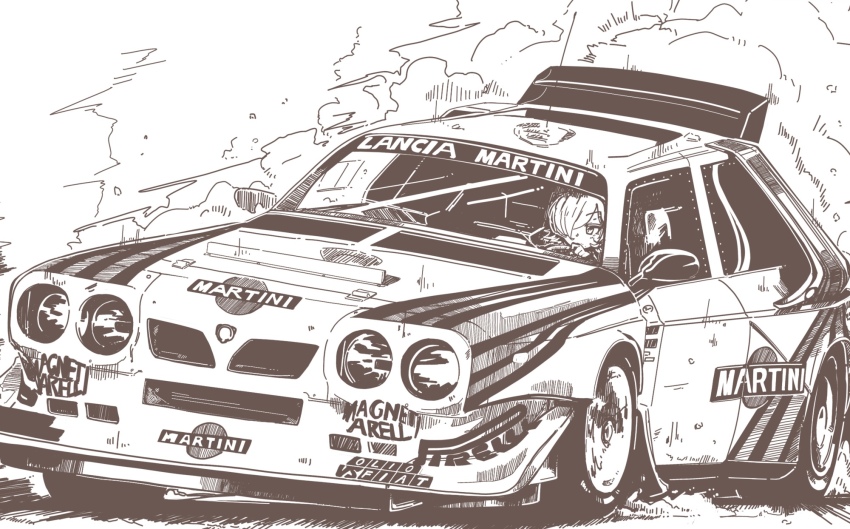 1girl car commission driving dust hair_over_one_eye highres lancia_(brand) lancia_delta_s4 looking_ahead martini_(brand) mizukiri_fuurai motor_vehicle original race_vehicle racecar rally_car short_hair skeb_commission solo vehicle_focus world_rally_championship