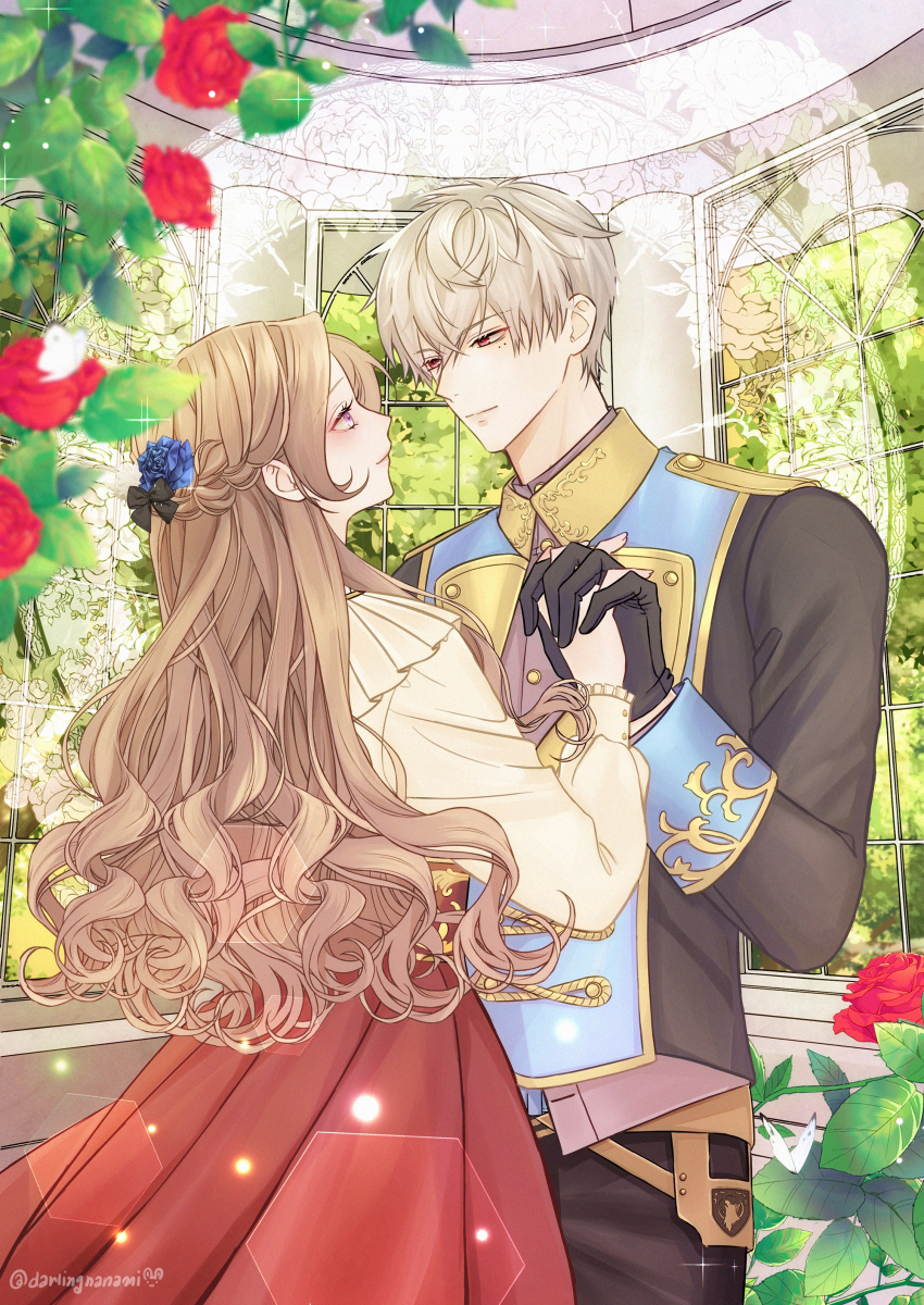 1boy 1girl absurdres artist_self-insert black_gloves blurry blurry_foreground braid brown_hair bug butterfly darlingnanami eye_contact flower gazebo gloves hair_flower hair_ornament highres holding_hands ikemen_prince insect interlocked_fingers light_brown_hair long_hair looking_at_another mole mole_under_eye red_eyes red_skirt skirt standing twitter_username very_long_hair white_butterfly