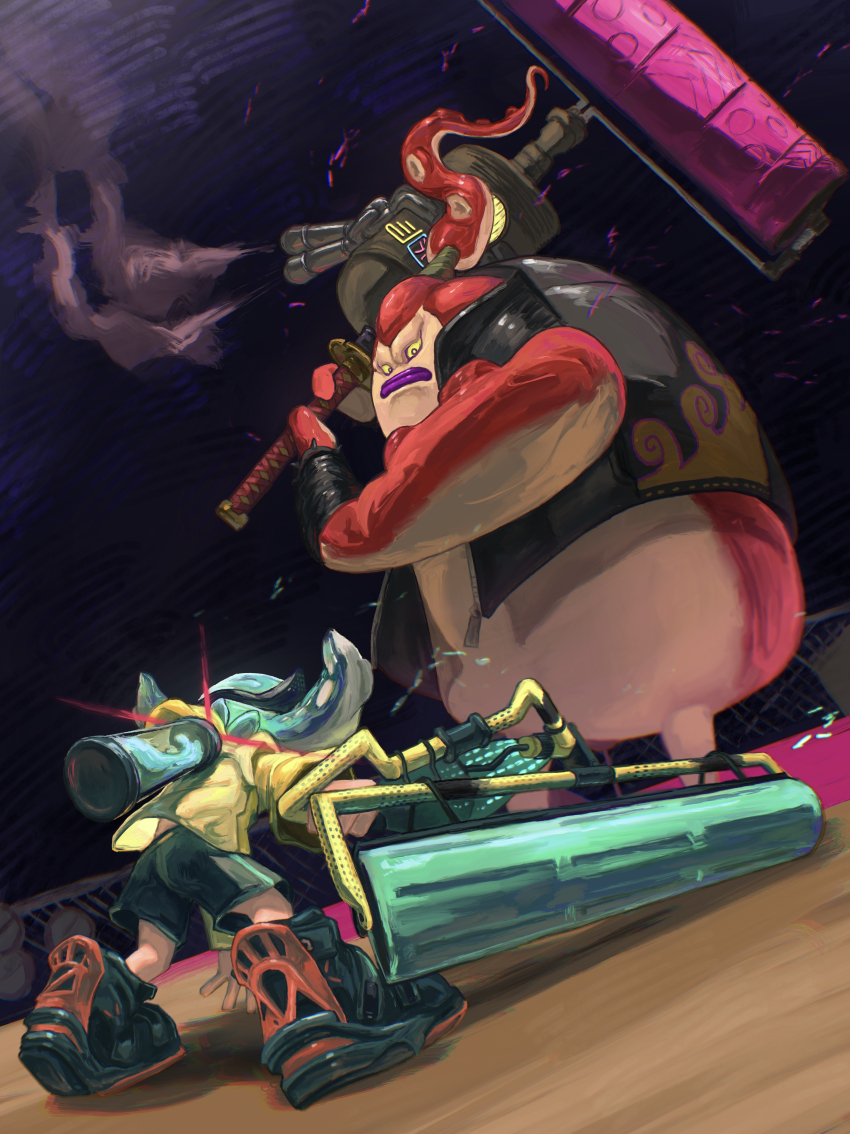1girl 1other absurdres agent_4_(splatoon) battle behind-the-head_headphones black_boots black_jacket black_shorts blue_hair boots commentary_request floating_hair from_behind full_body headphones hero_roller_(splatoon) highres holding holding_weapon ink_tank_(splatoon) inkling jacket long_hair long_sleeves nintendo octarian_(enemy) octo_samurai open_clothes open_jacket purple_lips shorts sleeveless sleeveless_jacket sorede_(s0rdneee16) splatoon_(series) splatoon_2 standing tentacle_hair weapon yellow_eyes yellow_jacket