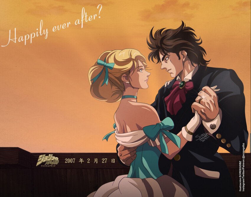 1boy 1girl anime_coloring ascot black_jacket blonde_hair blue_bow blue_choker blue_dress bow brown_hair choker dress english_text erina_pendleton from_side gloves holding_hands jacket jewelry jojo_no_kimyou_na_bouken jonathan_joestar looking_at_another multicolored_dress phantom_blood phantom_blood_(movie) red_ascot ring screegdbz tuxedo upper_body waltz_(dance) white_dress white_gloves
